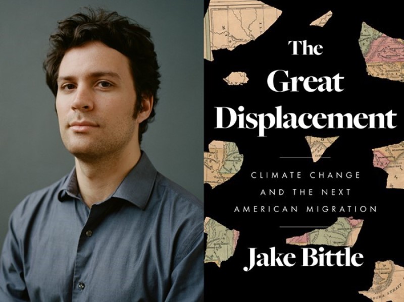 Author Jack Brittle with bookcover for The Great Displacement: Climate Change and the Next American Migration
