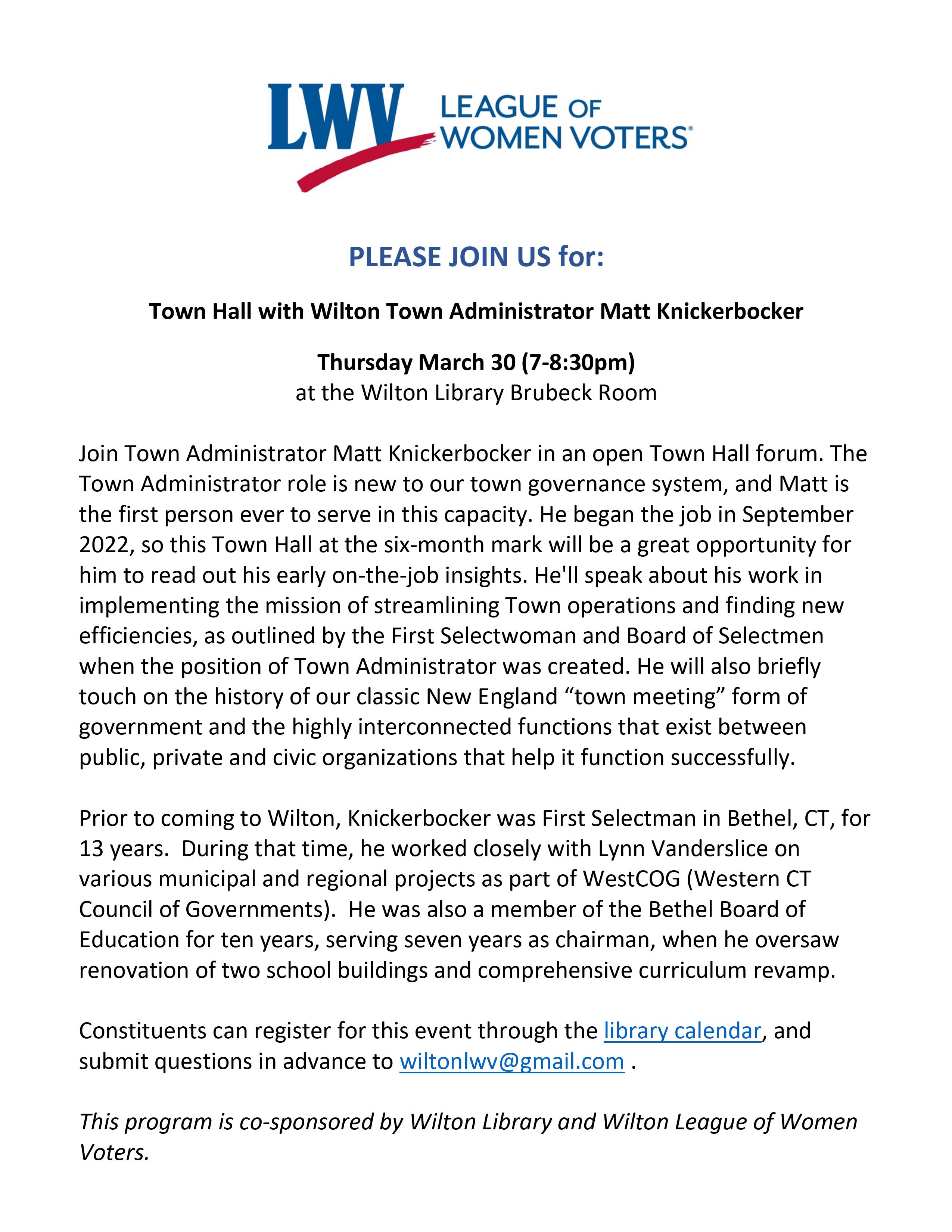 Press release for Wilton LWV town hall event with LWV logo in color