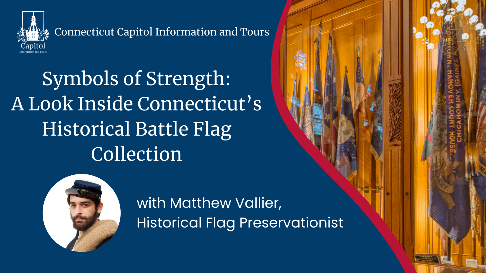image of the State Capitol hall of flags and text with information about the Battle Flags event on February 22nd 2024