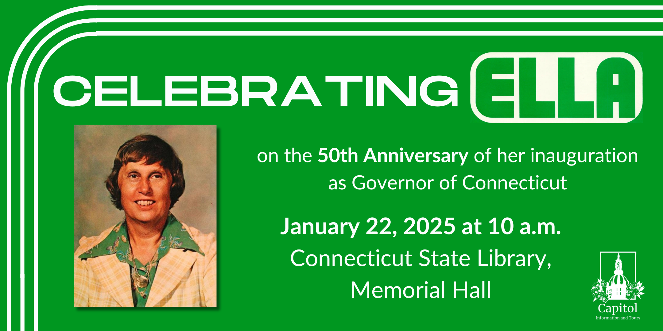 graphic with text for Ella Grasso 50th Anniversary celebration event