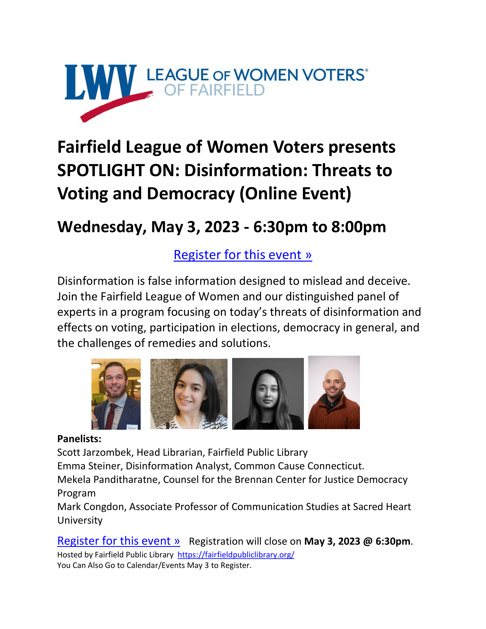 Event flyer for disinformation talk with LWV Fairfield. Has 4 panelist headshots in the center of the flyer info
