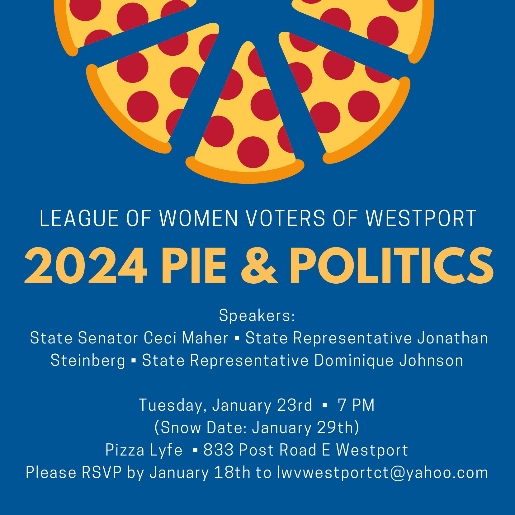 Westport Pie and Politics Event Information Flyer