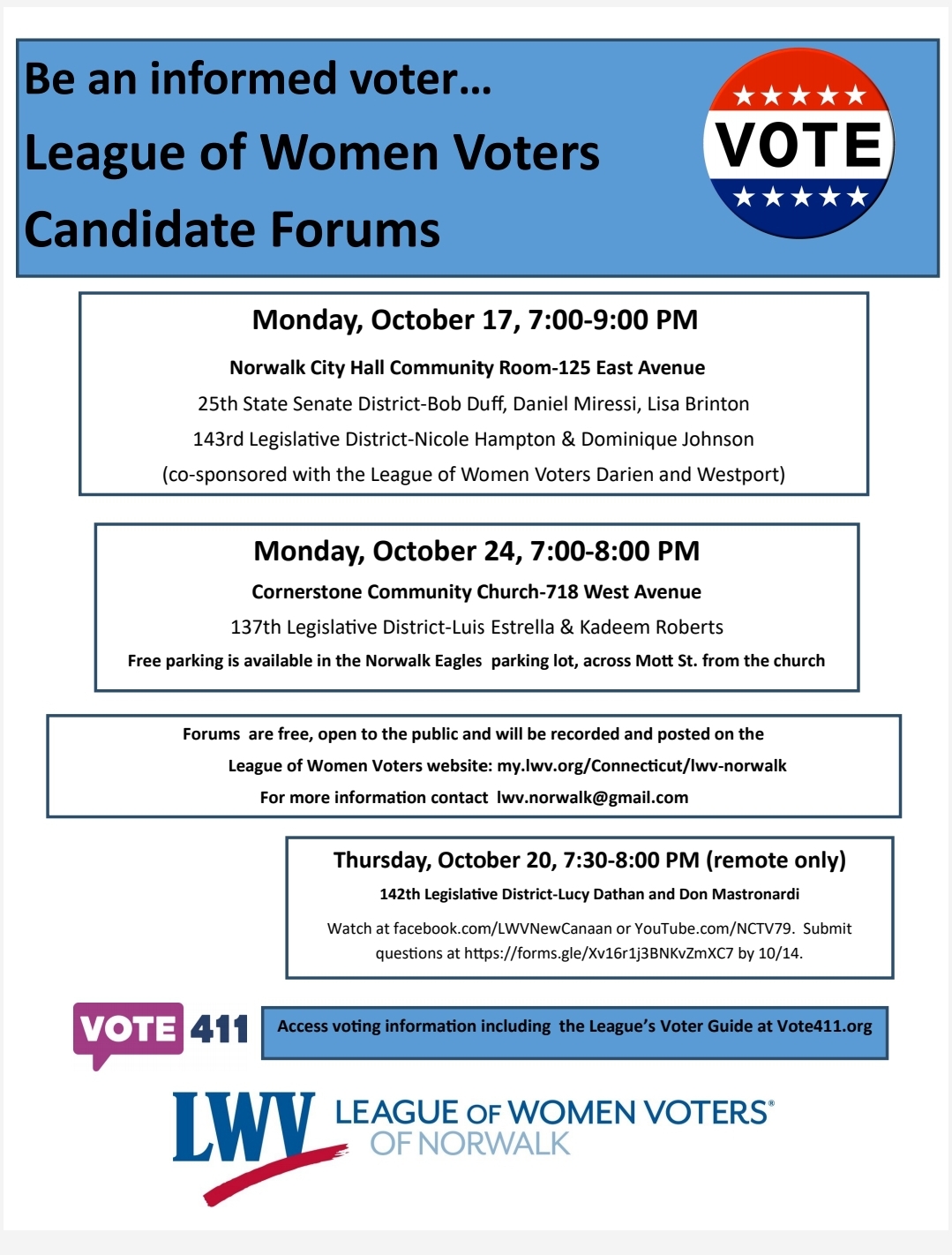 Flyer listing October 2022 candidate forums from LWV of Norwalk