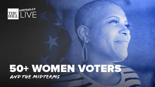 Woman standing in front an american flag looking off into the distance, smiling w/ text "50+Women Voters and the midterms"