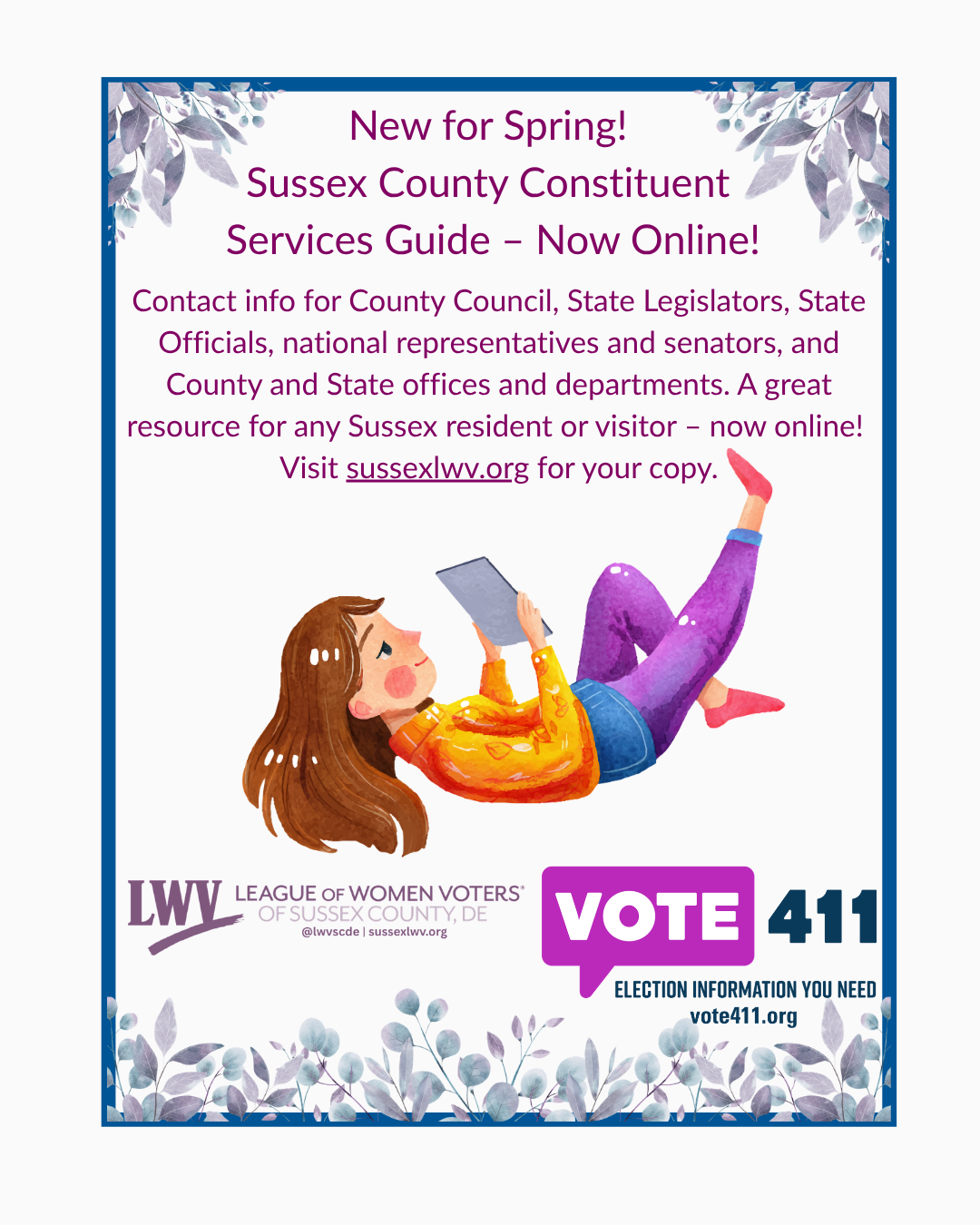 Picture of woman reading tablet with text about Sussex County Constituent Services Guide