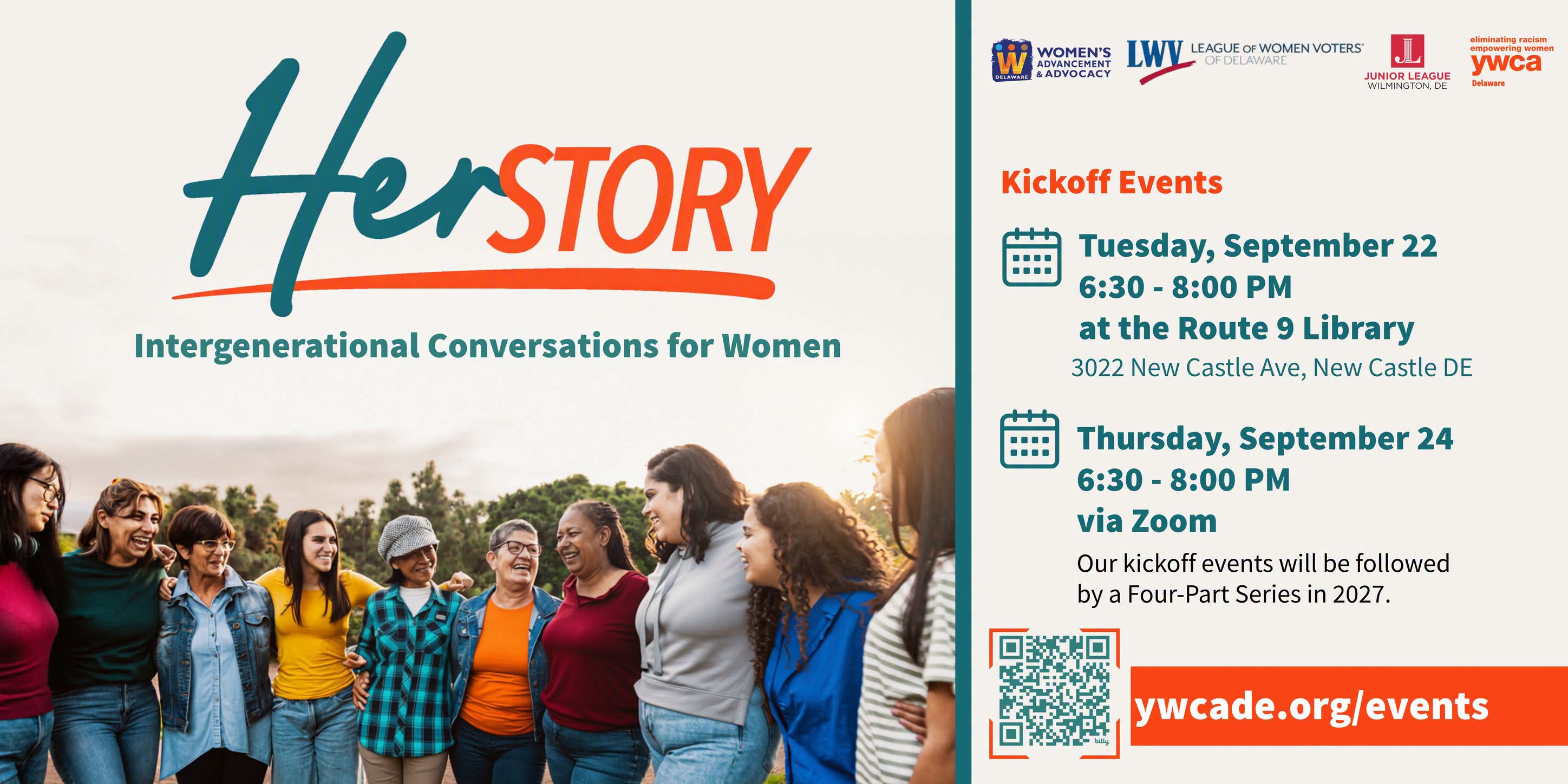 Herstory Intergenerational Conversations for Women Kickoff Events dates, times, sponsors shown on image