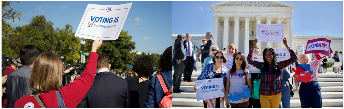 activists shown on Capitol steps with signs reading "Voting is People Power" and "#FAIRMAPS"