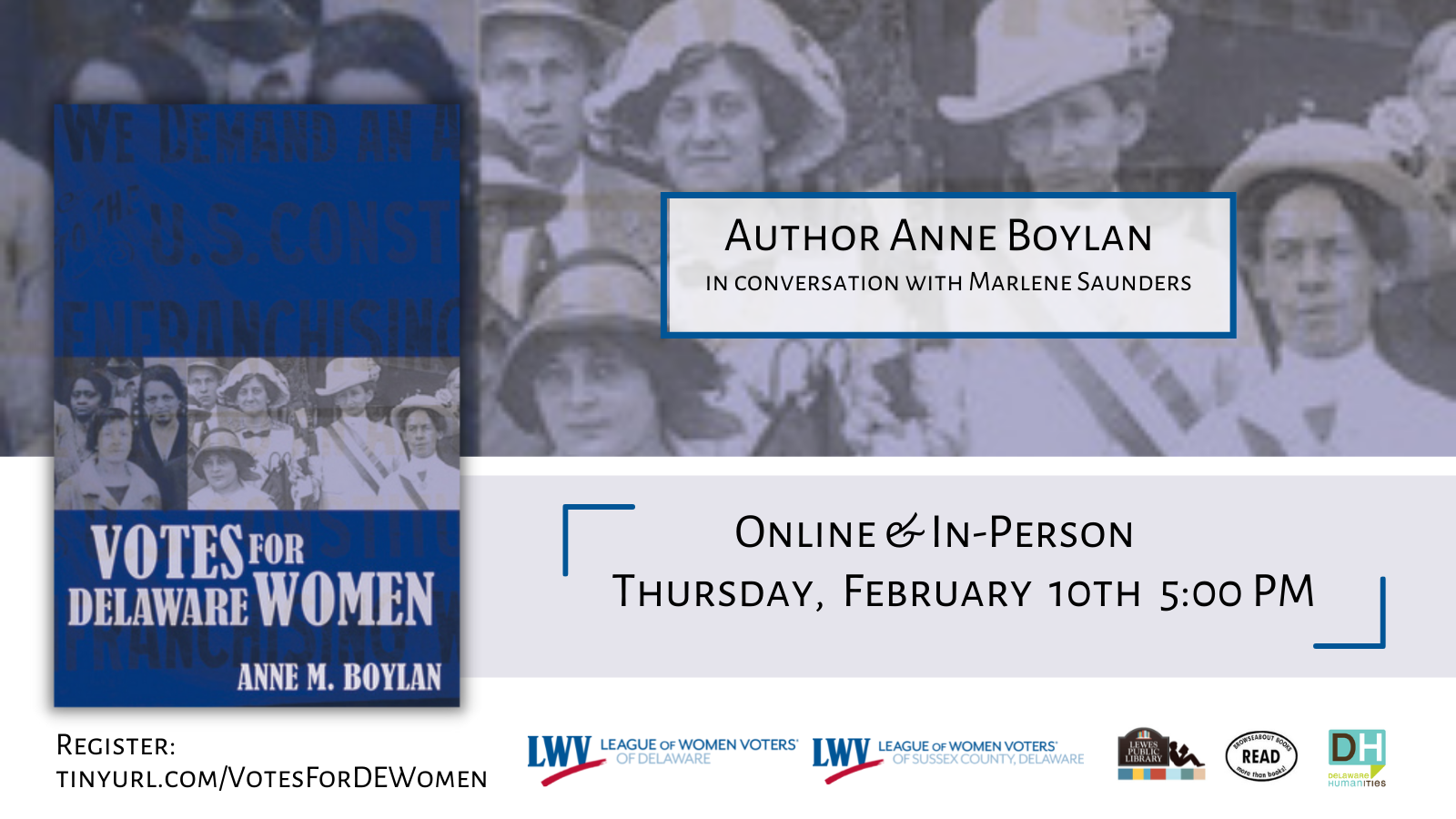Author Anne Boylan in conversation with Marlene Saunders, photo of book cover "Votes for Delaware Women"; Register: tinyurl.com/VotesForDEWomen
