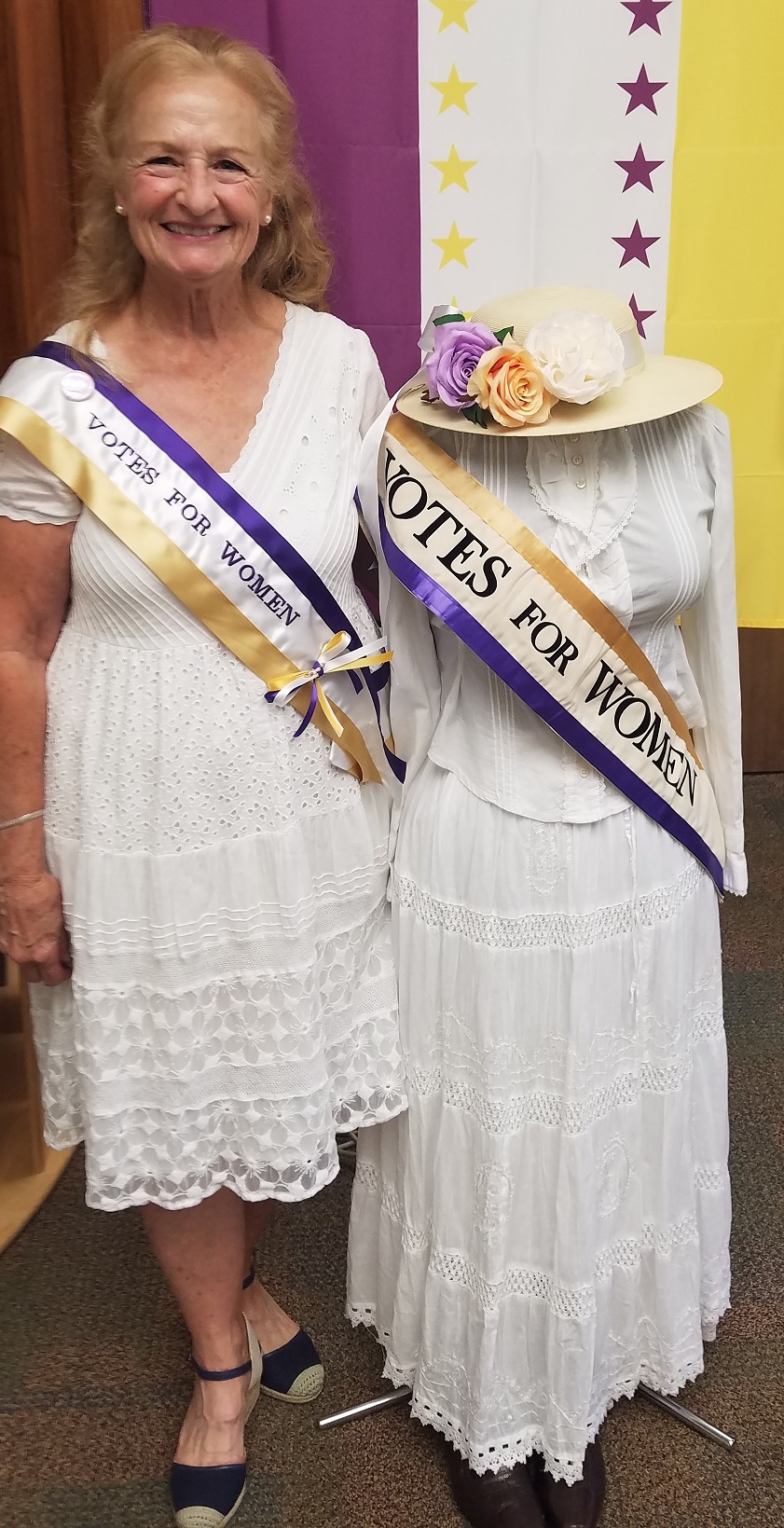 Shawn Gilbert and "Margaret Ruth" discuss suffrage! Woman standing with figure of suffragist
