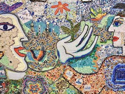 mosaic of two women talking, hand with flower