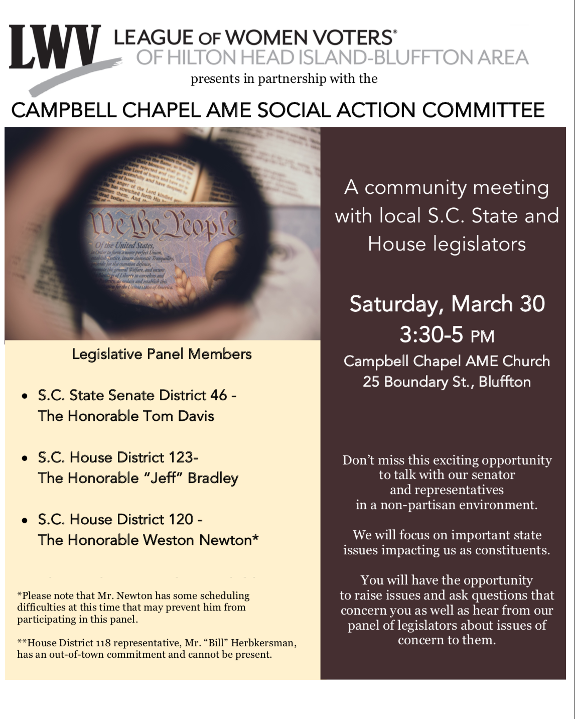 March 30, 3:30-5 pm State Legislator Panel, Campbell AME Chapel