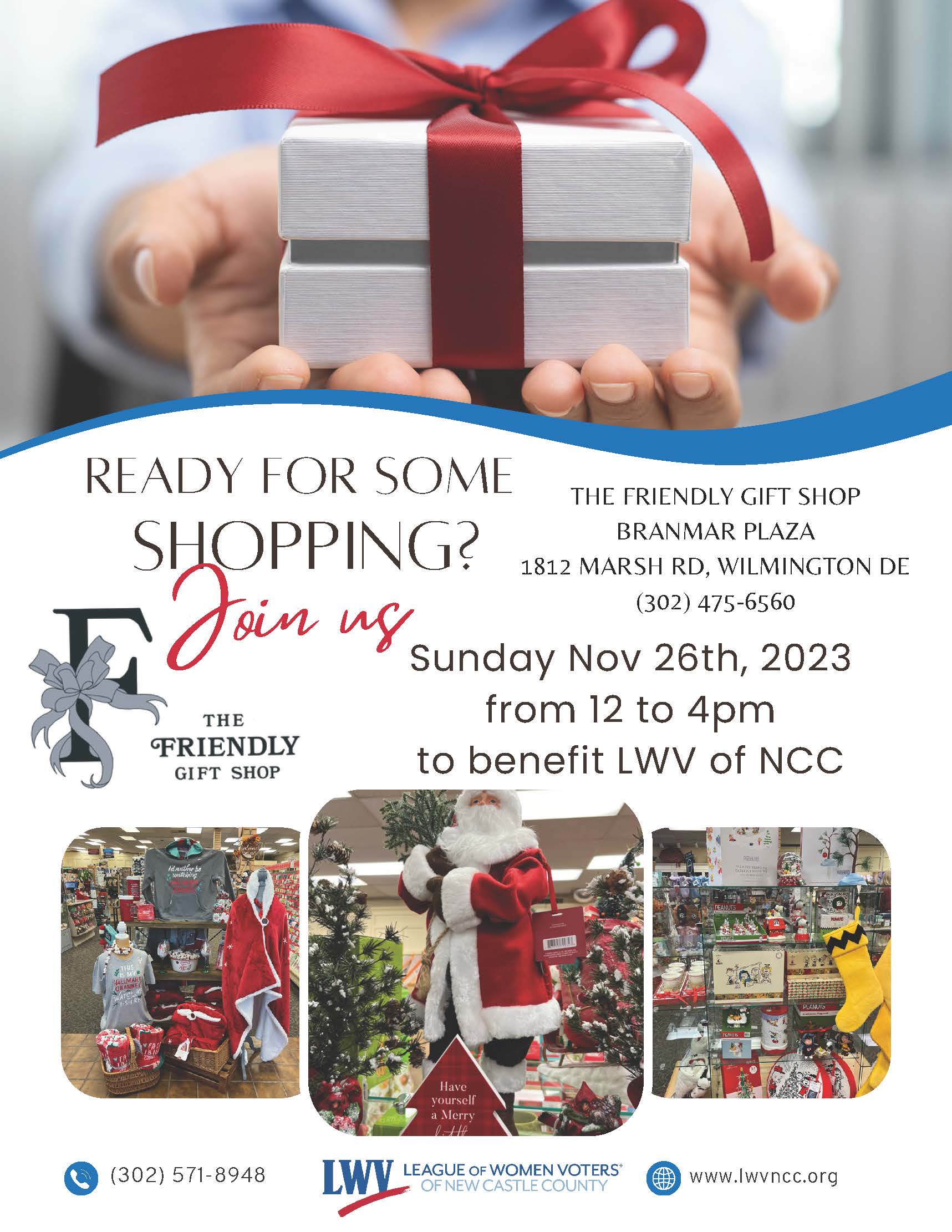Ready for some shopping? The Friendly Gift Shop, Sunday Nov 26th 2023 from 12 to 4pm, to benefit LWV of NCC