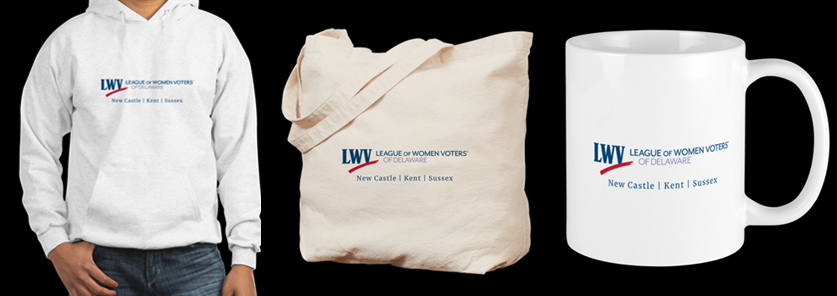 image shows a hoodie sweatshirt, tote bag and coffe mug with the LWVDE logo