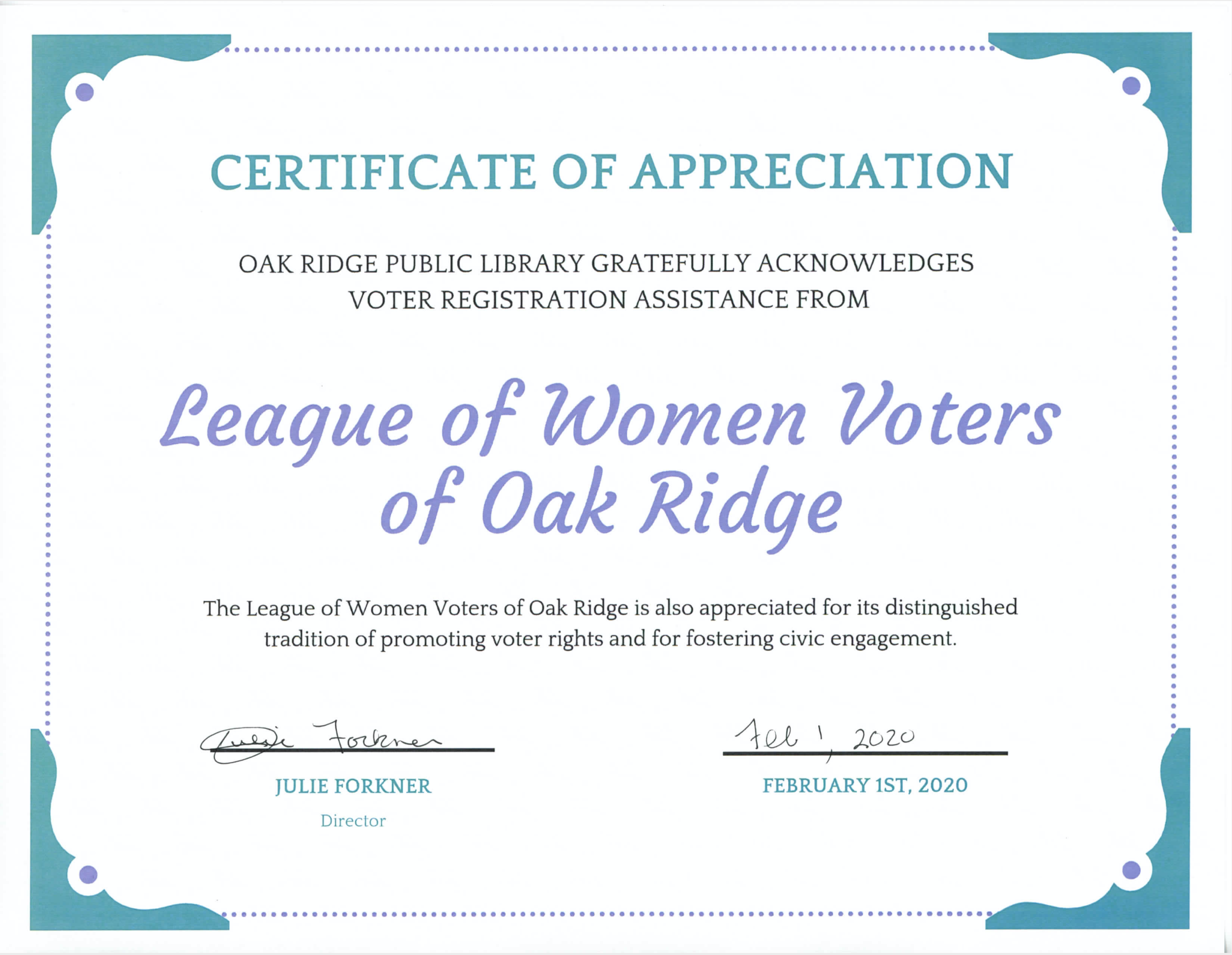 Certificate of Appreciation from the Oak Ridge Public Library