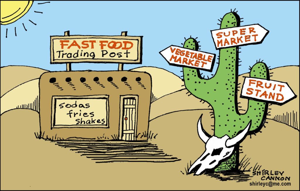 An image of a desert trading post with a street sign showing how many miles to the grocery store.