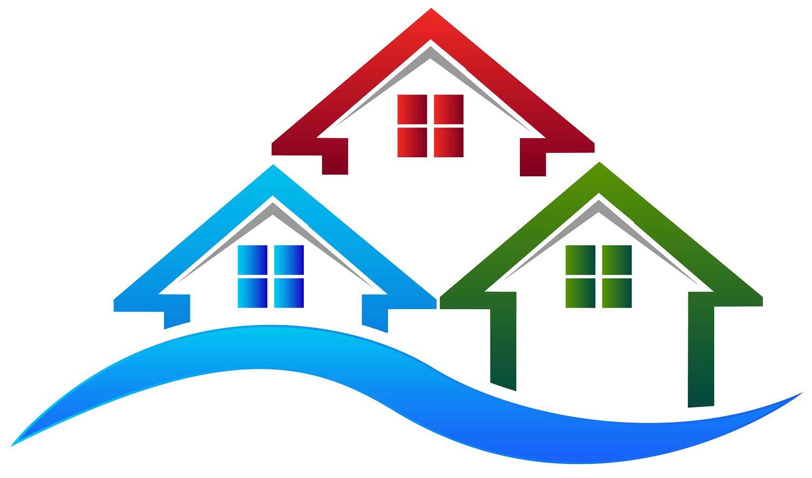 Housing Graphic illustration of 3 homes and a rolling green lawn