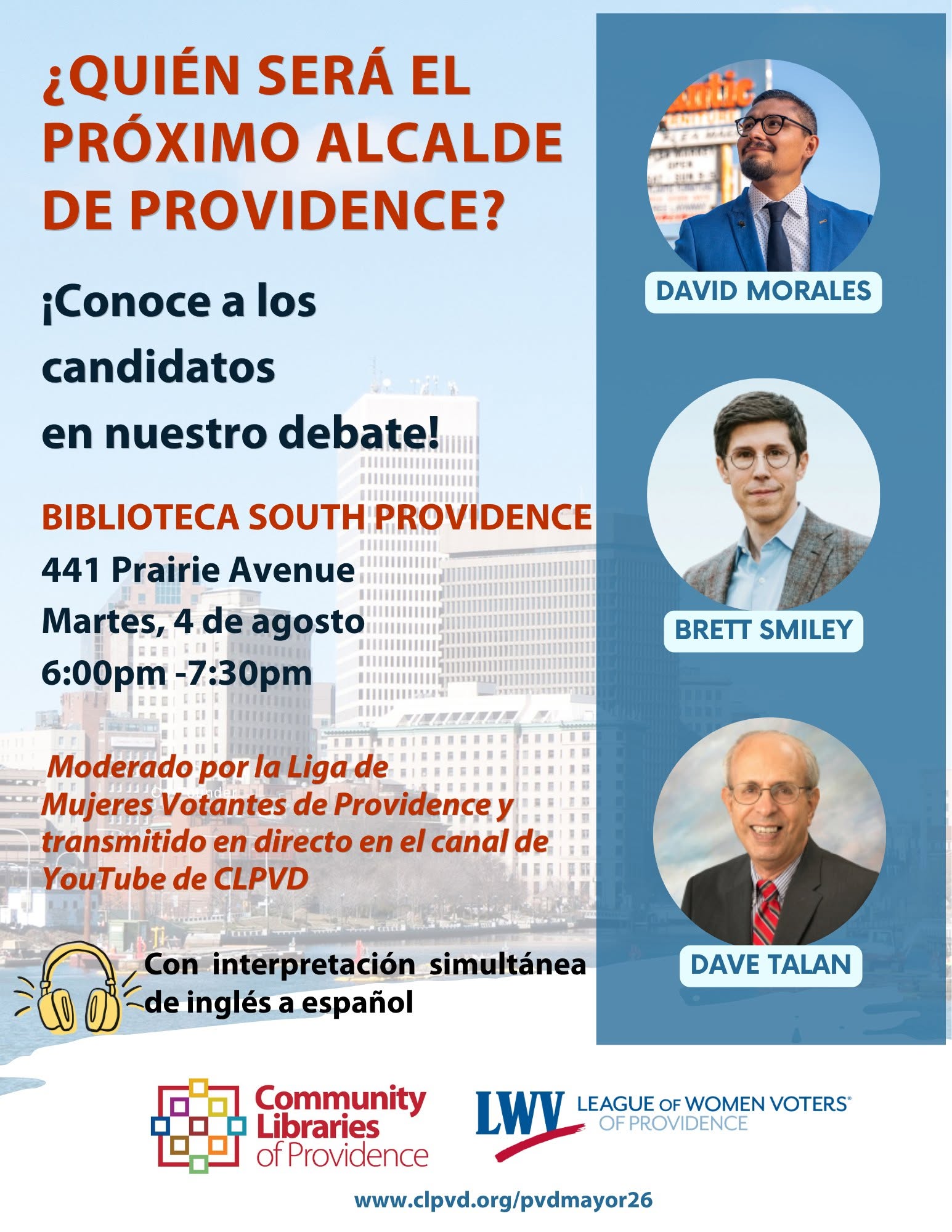 flyer for CLP-LWV Providence Mayoral debate in Spanish