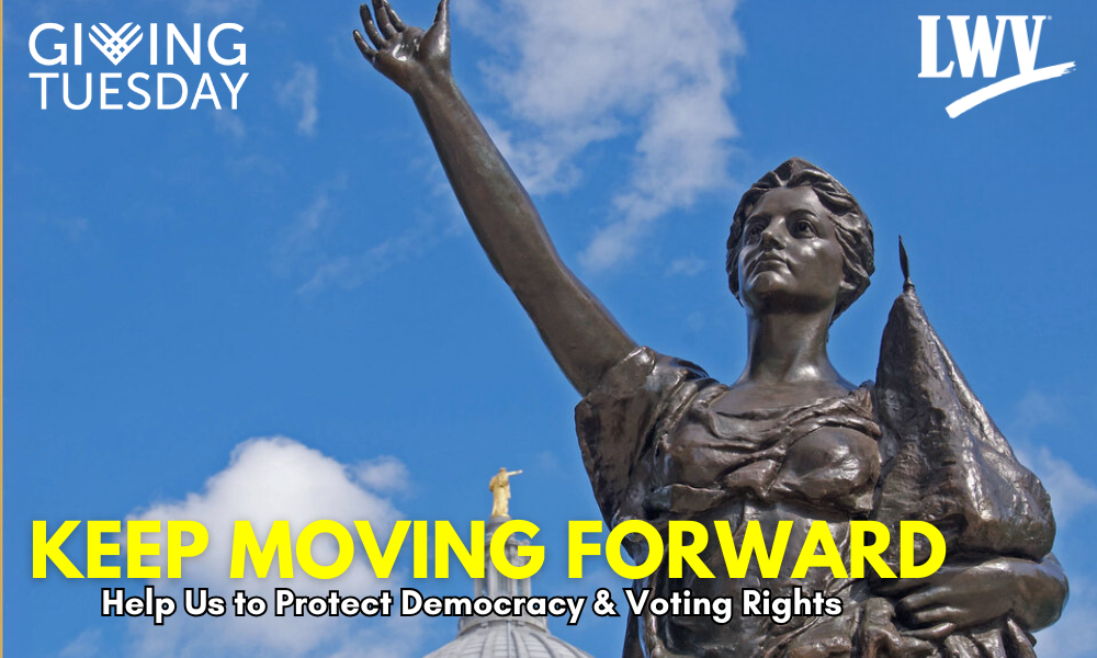 "Keep Moving Forward" written over an image of the Forward statue outside of WI Capitol