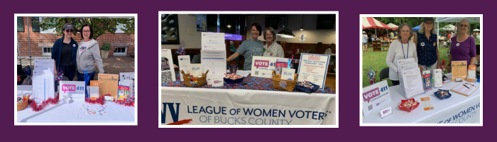 3 images.  each shows female league members standing behind a table with league materials.  each image is from a community event