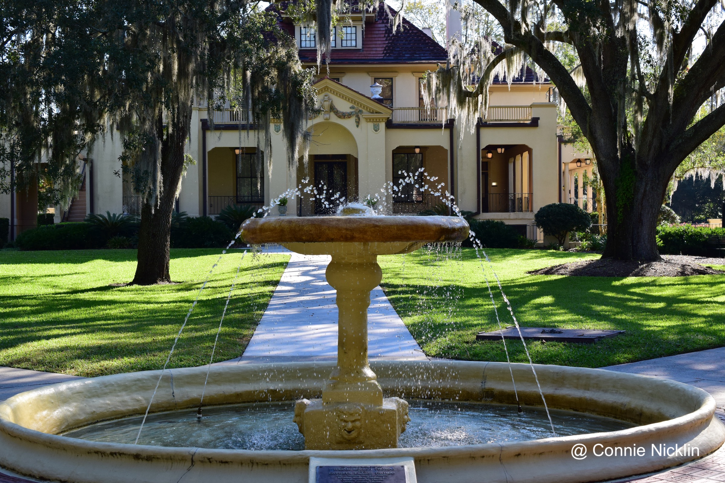 Fountain with historic building in background