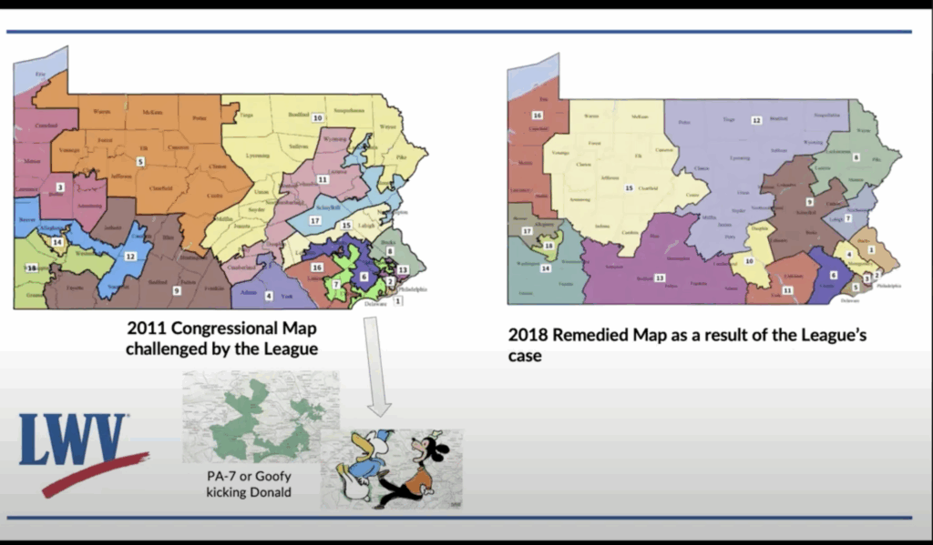 2 images of the congressional district map for state of pennsylvania.  one is the map challenged by the league.  the other is the remedied map is the 