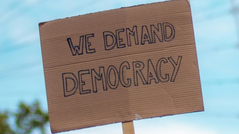 Cardboard Sign "We Demand Democracy"