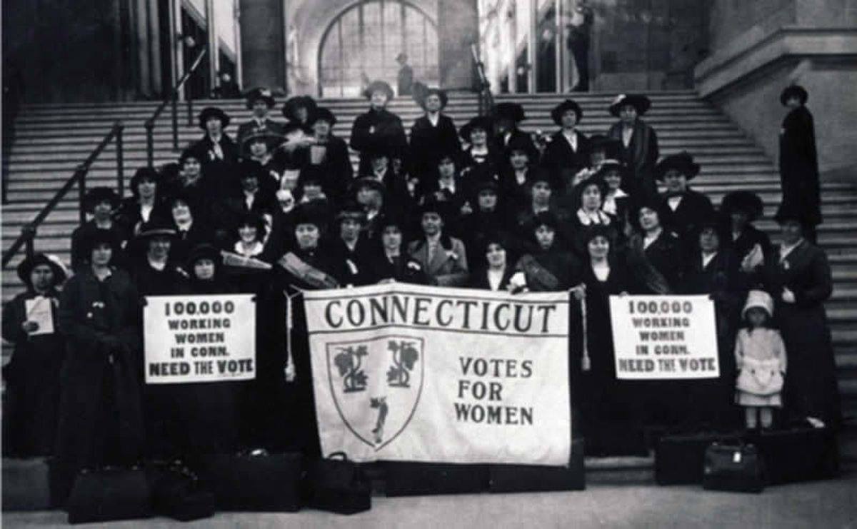 Historical Photo of Activists with banner saying Connecticut Votes For Women