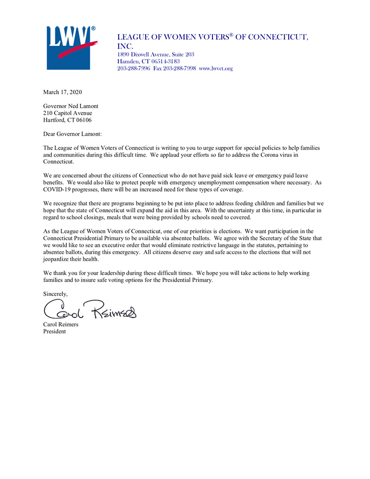 March 17 2020 Letter to Governor Lamont regarding Absentee Ballots as response to COVID19