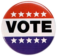 Button with word VOTE with stars on top and below the word, red, white, blue