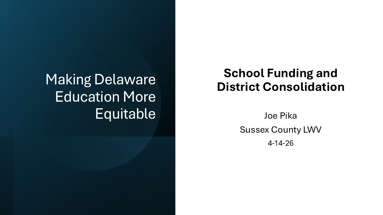 Cover Slide from 4/14/26 presentation on Education Equity in Delaware