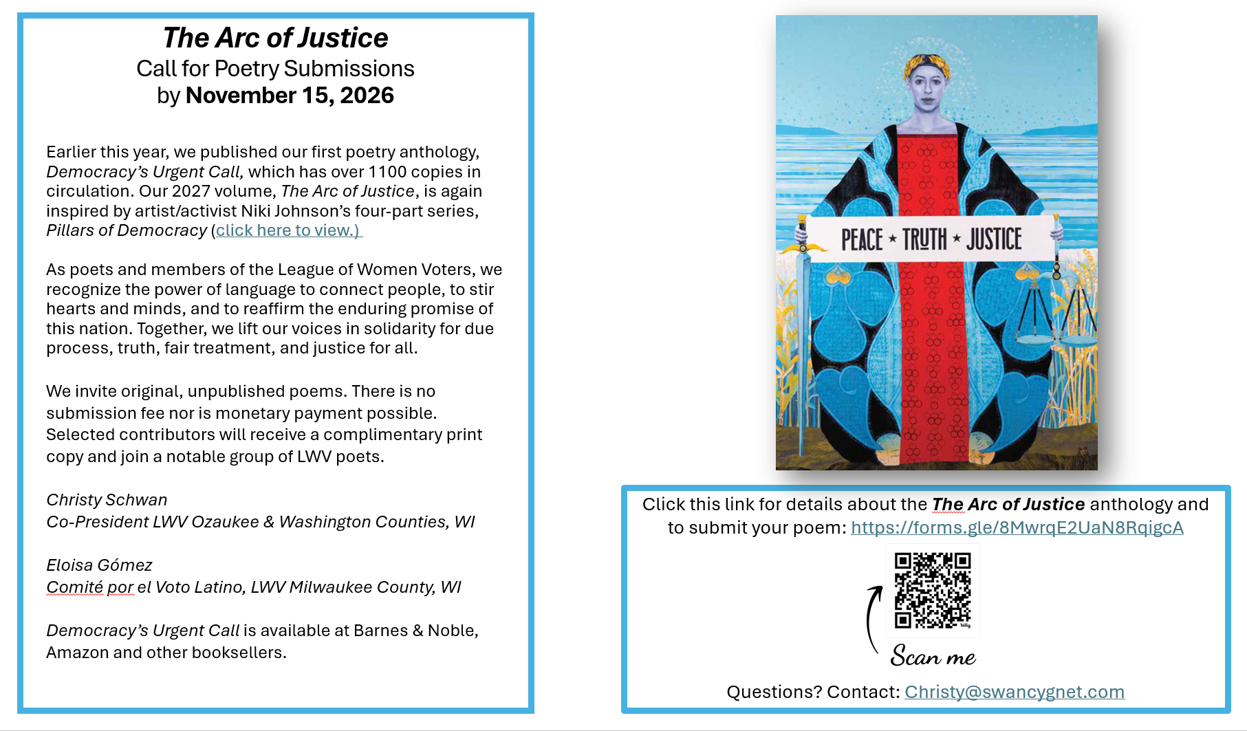 The Arc of Justice Call for Poetry Submissions by November 15, 2026. (additional text, painting, QR code shown)