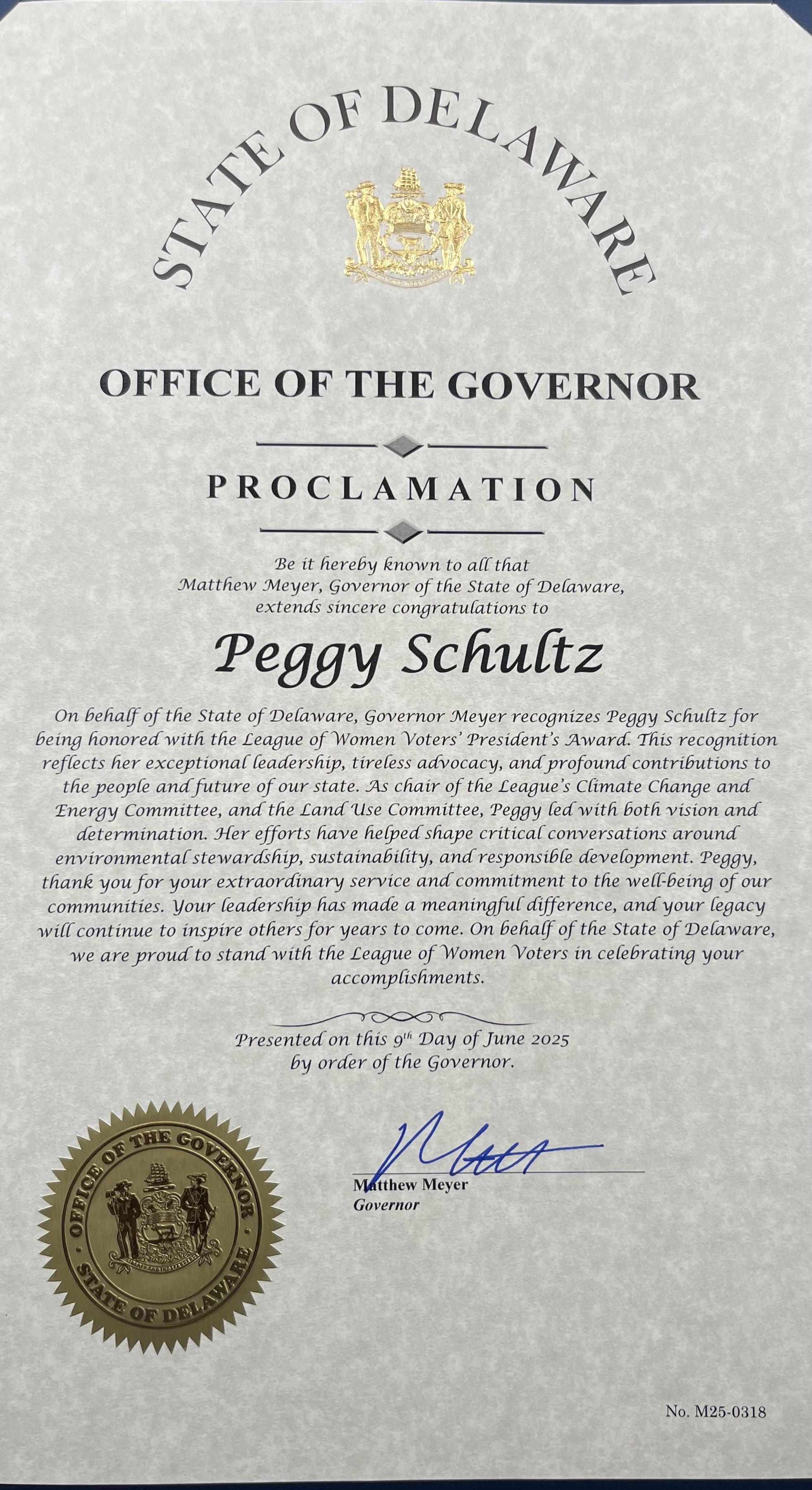 Peggy Schultz Proclamation for years of service