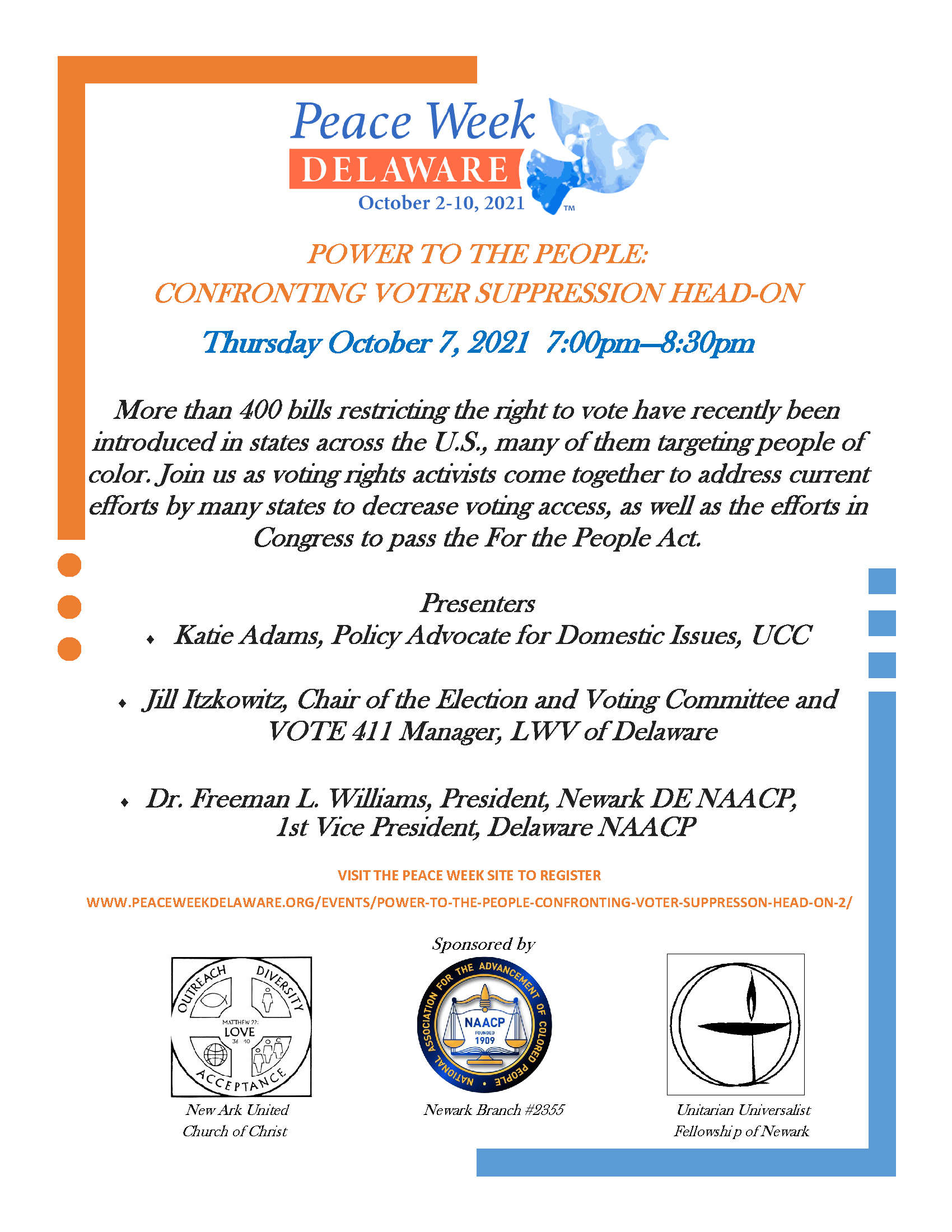 Peace Week Delaware flyer for 10/7/2021 Voter Suppression forum