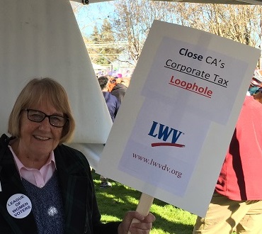 Martha Goralka, LWV Diablo Valley, with campaign sign