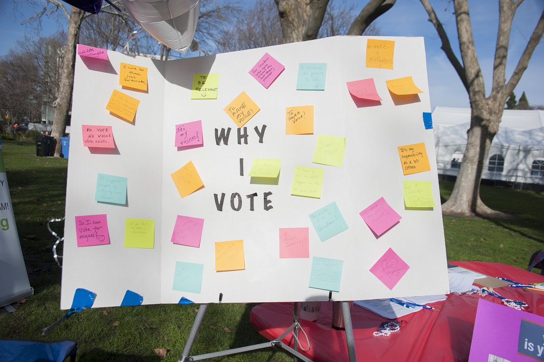Sticky notes on poster, title "Why I Vote"