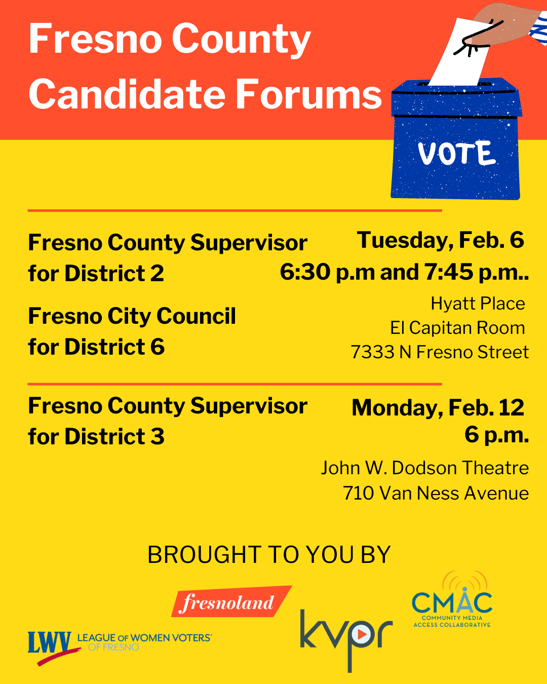 League joins Fresnoland, KVPR, CMAC to sponsor candidate forums for County supervisors,  districts  2 and 3