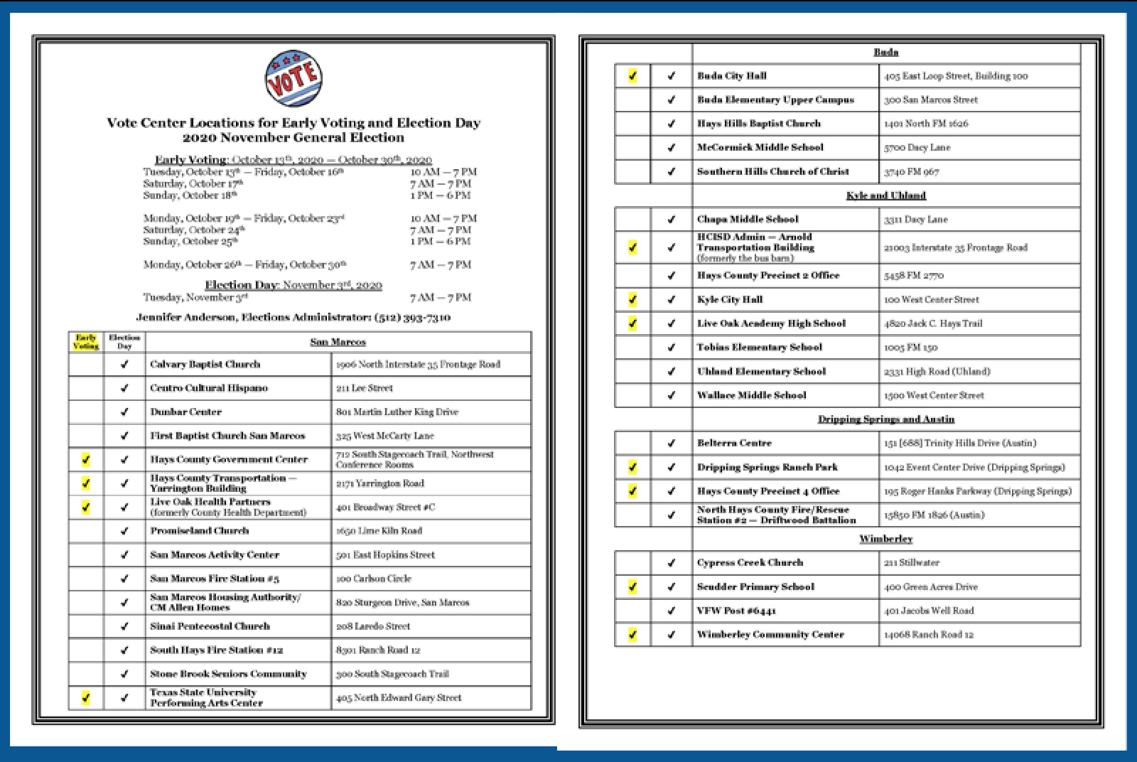 Hays County Polling Locations Fall 2020 - click Read More to see full size picture