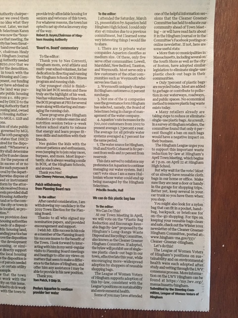 Hingham Journal Letter to the Editor