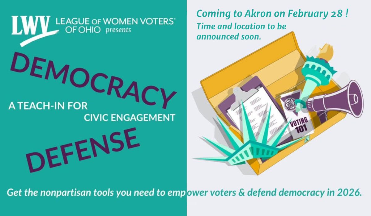 Graphic for Defend Democracy – A Teach-in scheduled February 28 in Akron, location TBA