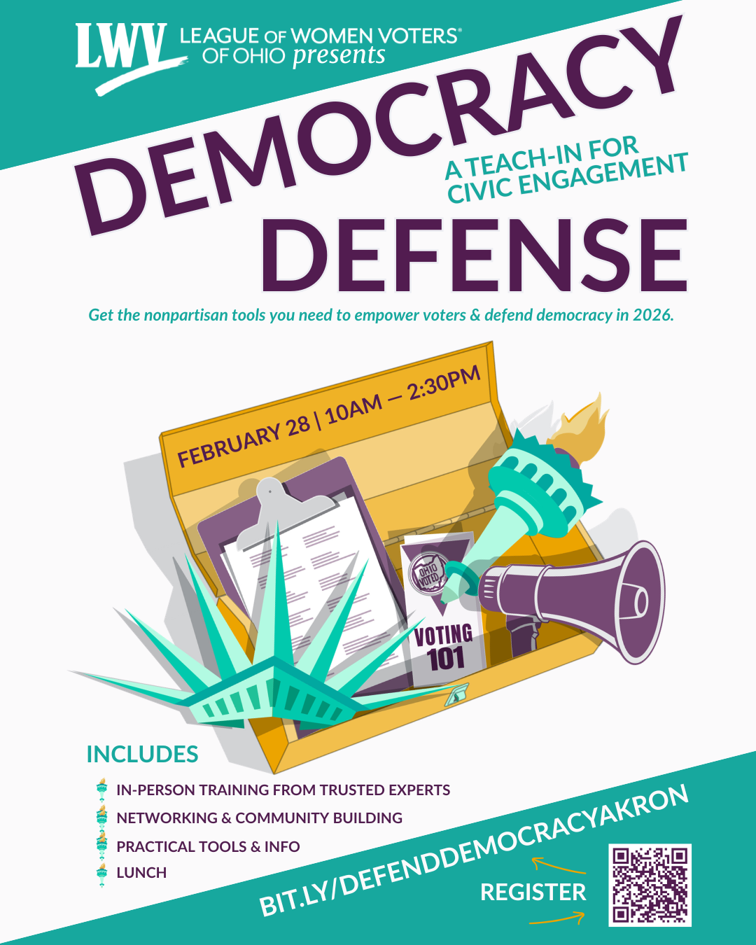 Akron Democracy Defense poster for Feb 28, 2026, 10am-2:30pm