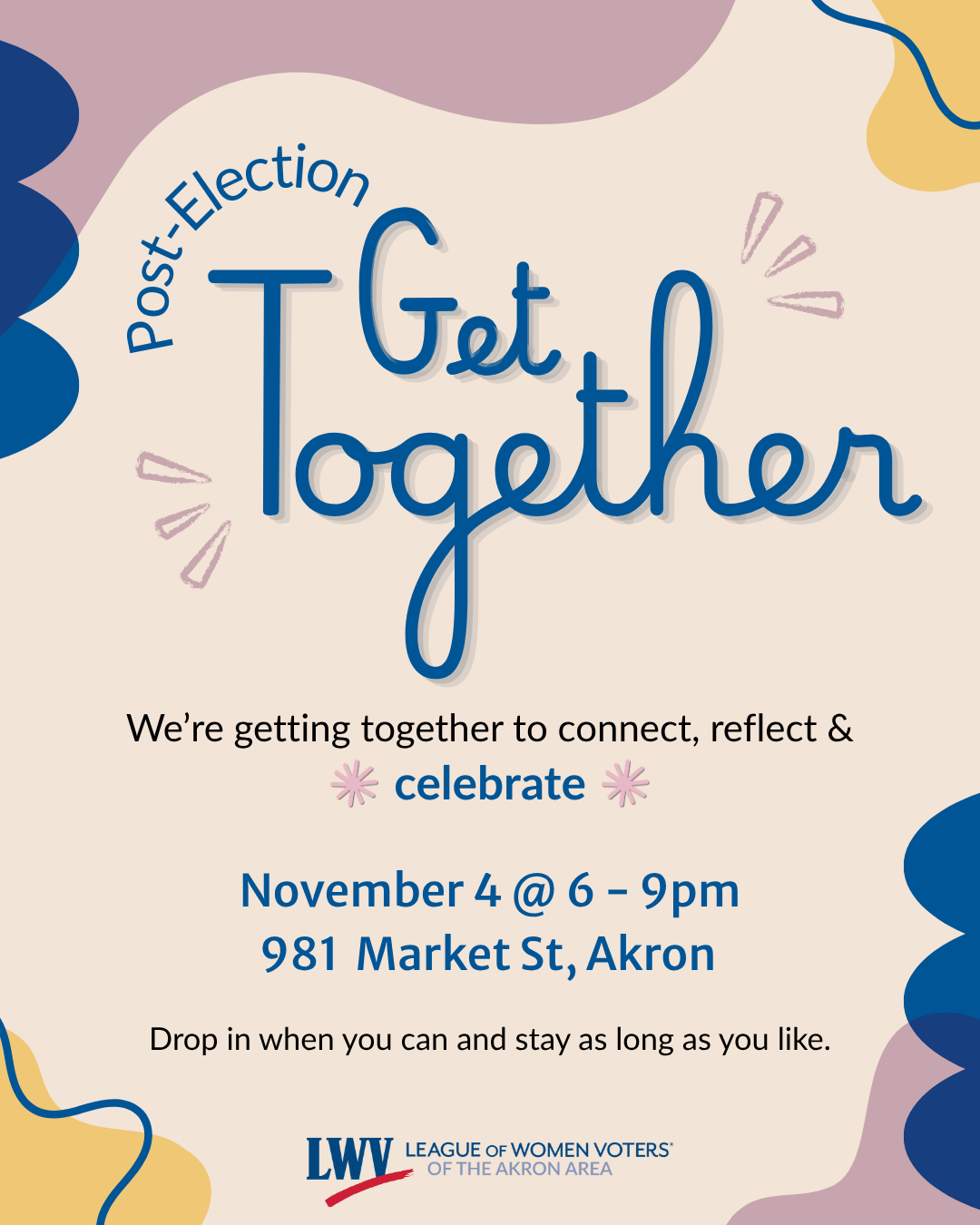 Post-Election Get Together notice for November 4, 2026 from 6pm-9pm at 981 Market St, Akron