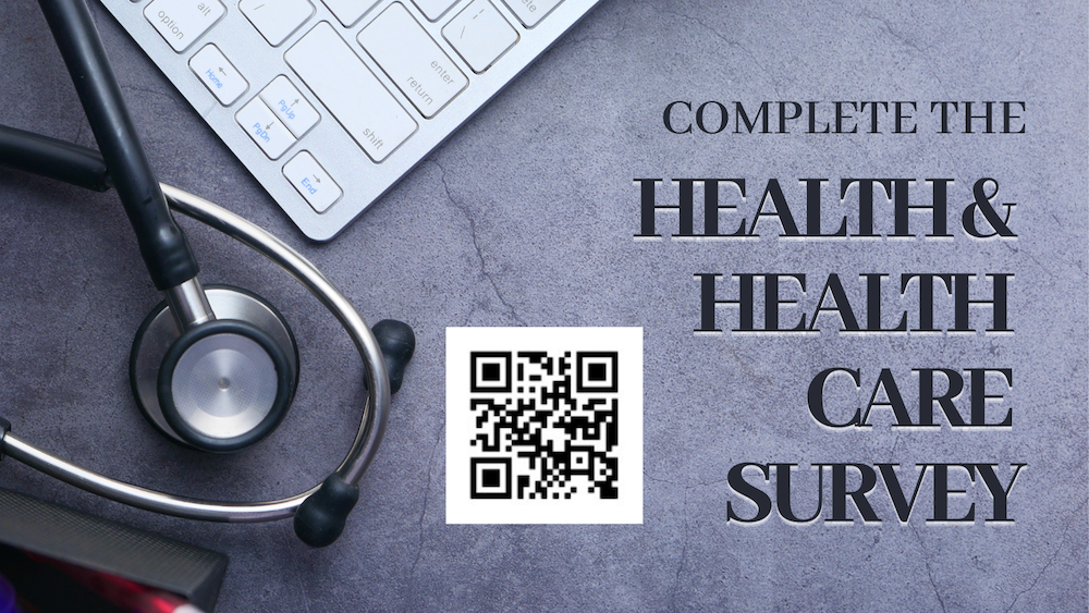 Text and QR Code for Health Care Survey with stethoscope and keyboard on gray background