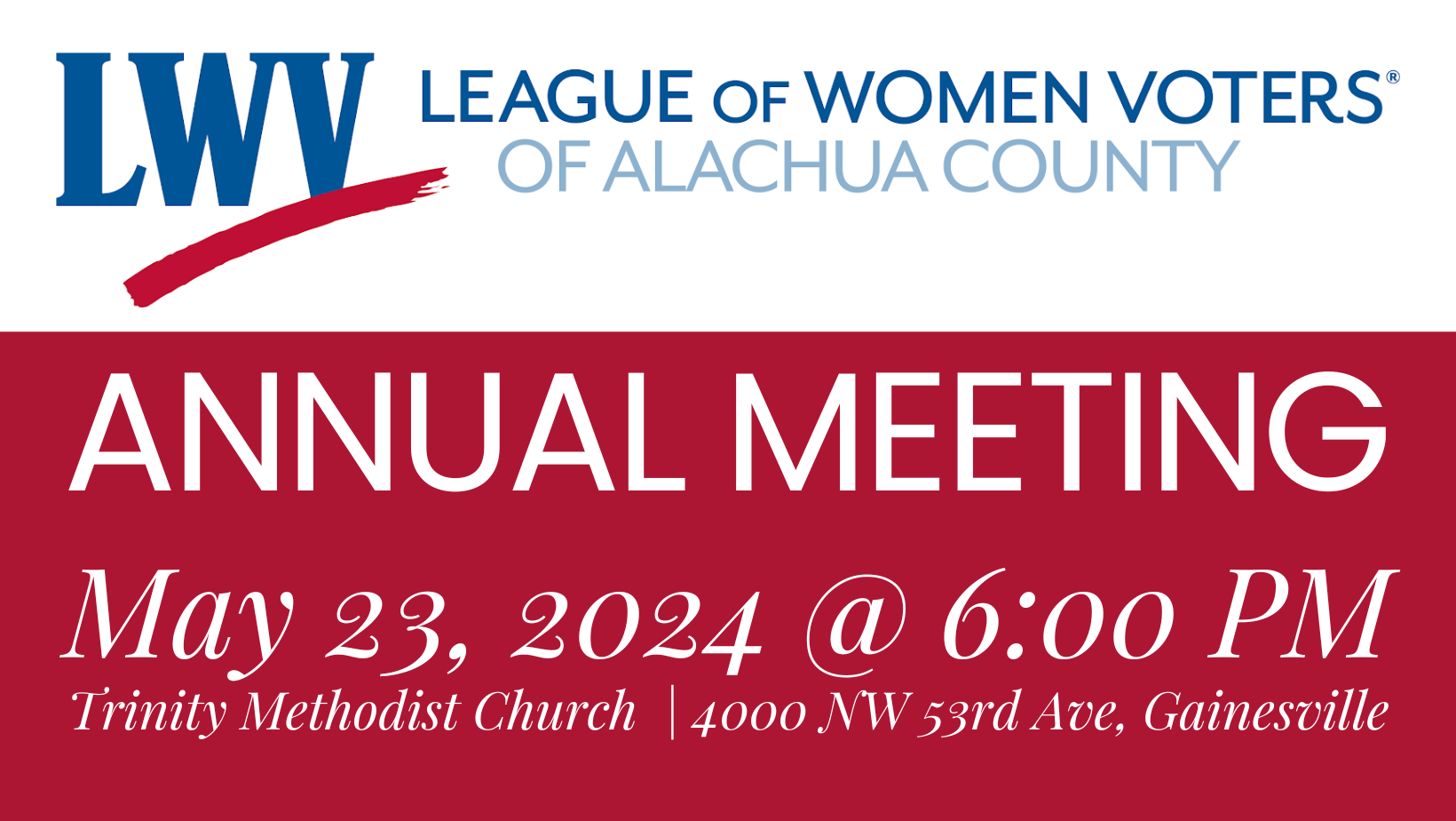 Annual Meeting details on red and white background