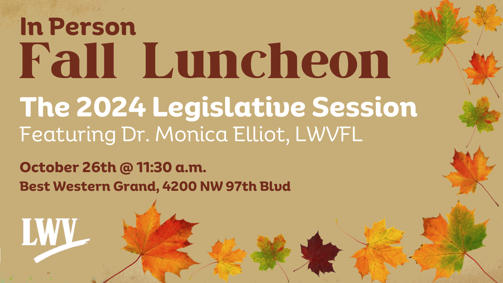 Details for Fall Luncheon on tan background with fall colored leaves along the bottom right corner