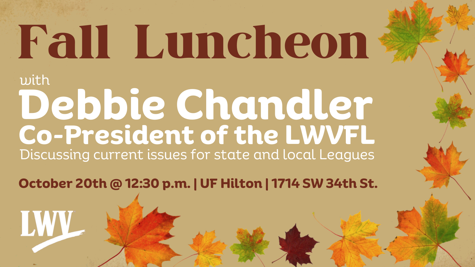 Fall Luncheon details with white and brown text on a tan background with fall leaves graphics