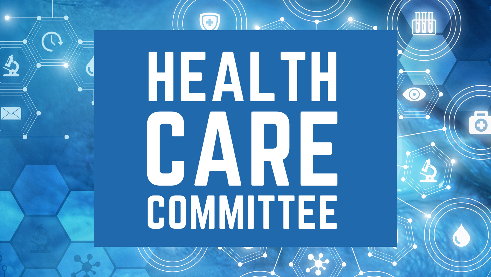 Health Care Committee in white text on a blue rectangle with geometric shapes in a variety of blue colors in the far background