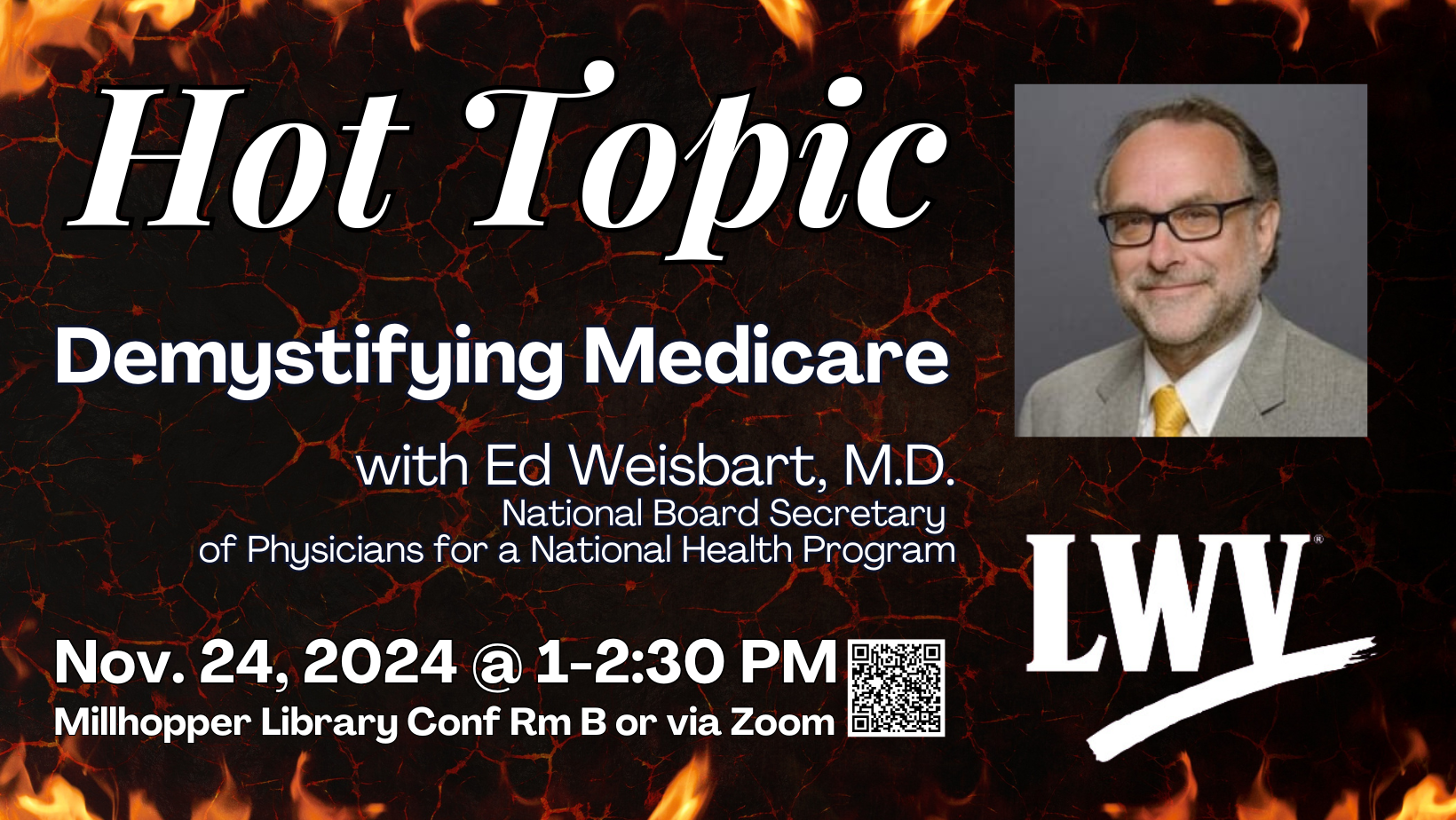 Medicare Hot Topic graphic with details and photo of speaker