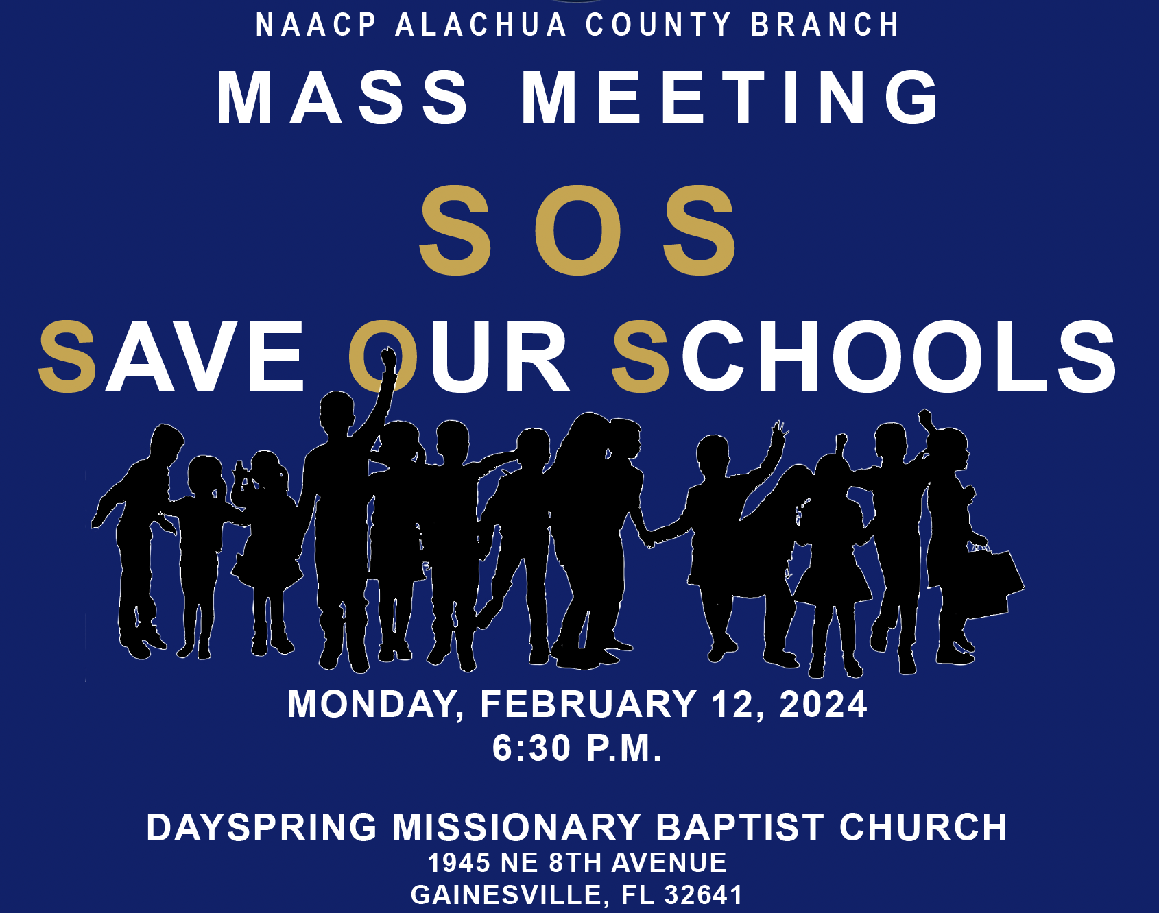 NAACP Save Our Schools flyer white and tan text on blue background with group of school children graphic