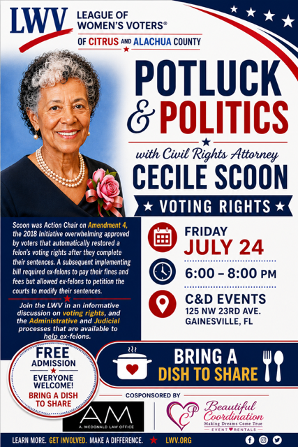 Potluck and Politics event with Cecile Scoon on July 24th and 6pm 