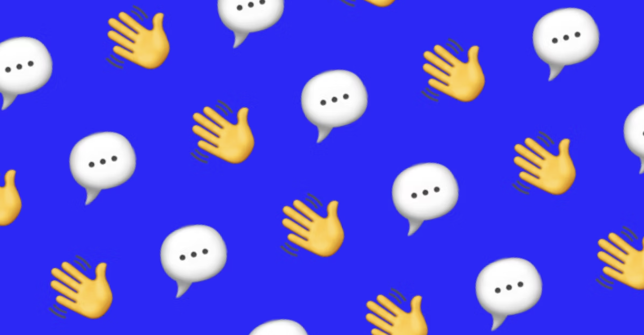 Hand and Talk Bubble emojis on blue background